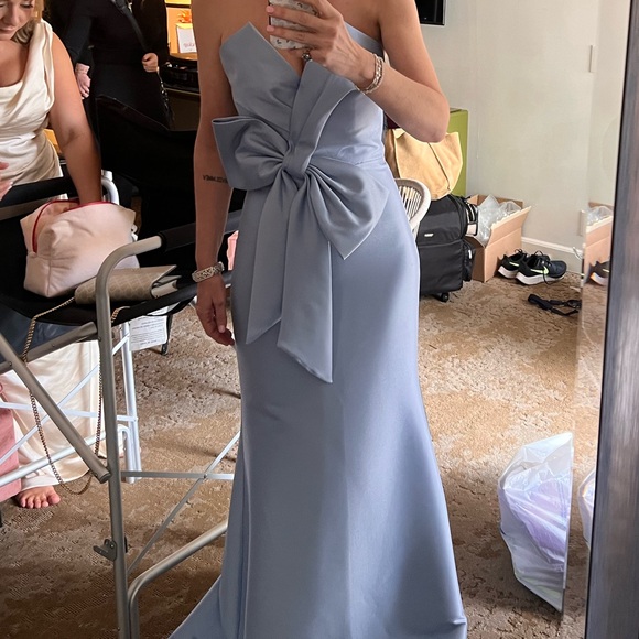 Badgley Mischka Strapless Gown with Bow in Soft Blue - Picture 2 of 3